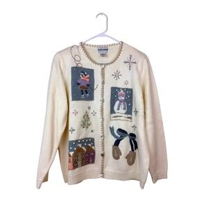 Alfred Dunner Women's Cream Winter Scene Embroidered Cardigan Sweater Size L